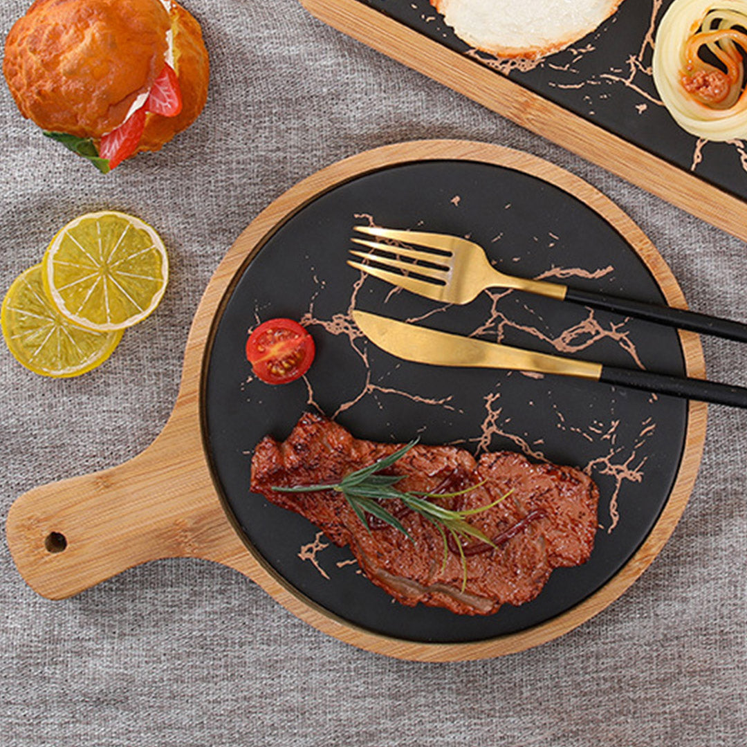 SOGA 30cm Black Circle Wooden Serving Tray Slate Steak Serving Platter Chopping Board Paddle Home Decor • LUZ-WodE593