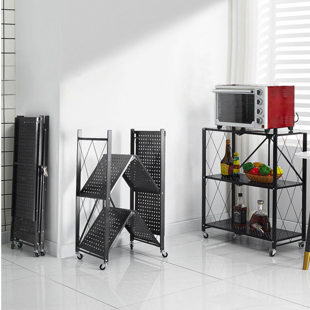 SOGA 2X 3 Tier Steel Black Foldable Kitchen Cart Multi-Functional Shelves Portable Storage Organizer with Wheels • LUZ-KitchenXY001X2