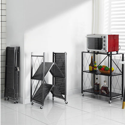 SOGA 2X 3 Tier Steel Black Foldable Kitchen Cart Multi-Functional Shelves Portable Storage Organizer with Wheels • LUZ-KitchenXY001X2