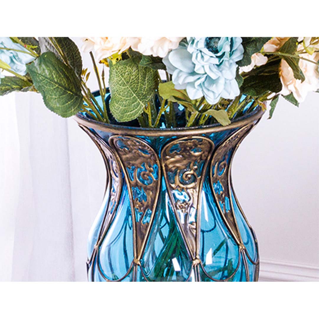 SOGA 85cm Green Glass Tall Floor Vase and 12pcs White Artificial Fake Flower Set • LUZ-Vase3019GreenwWhiteF12