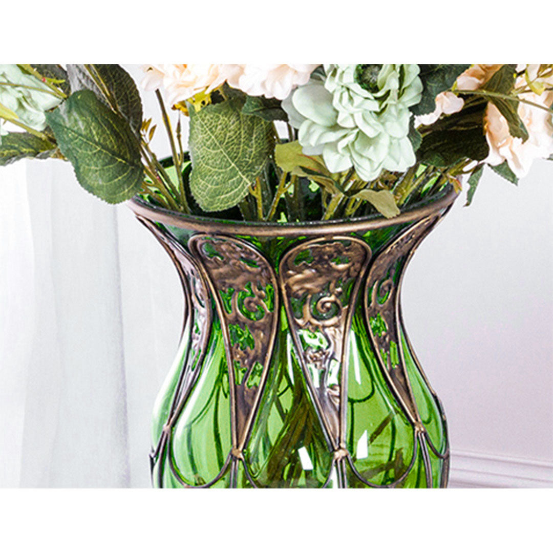 SOGA 85cm Green Glass Tall Floor Vase and 12pcs Dark Pink Artificial Fake Flower Set • LUZ-Vase3019GreenwRedF12
