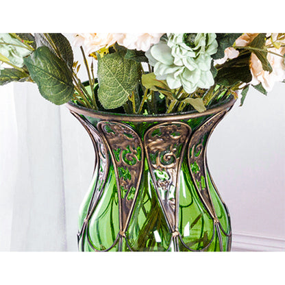 SOGA 85cm Green Glass Tall Floor Vase and 12pcs Dark Pink Artificial Fake Flower Set • LUZ-Vase3019GreenwRedF12