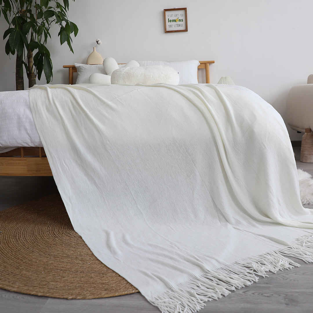 SOGA White Acrylic Knitted Throw Blanket Solid Fringed Warm Cozy Woven Cover Couch Bed Sofa Home Decor • LUZ-Blanket912