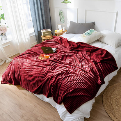 SOGA 2X Burgundy Throw Blanket Warm Cozy Striped Pattern Thin Flannel Coverlet Fleece Bed Sofa Comforter • LUZ-Blanket318X2