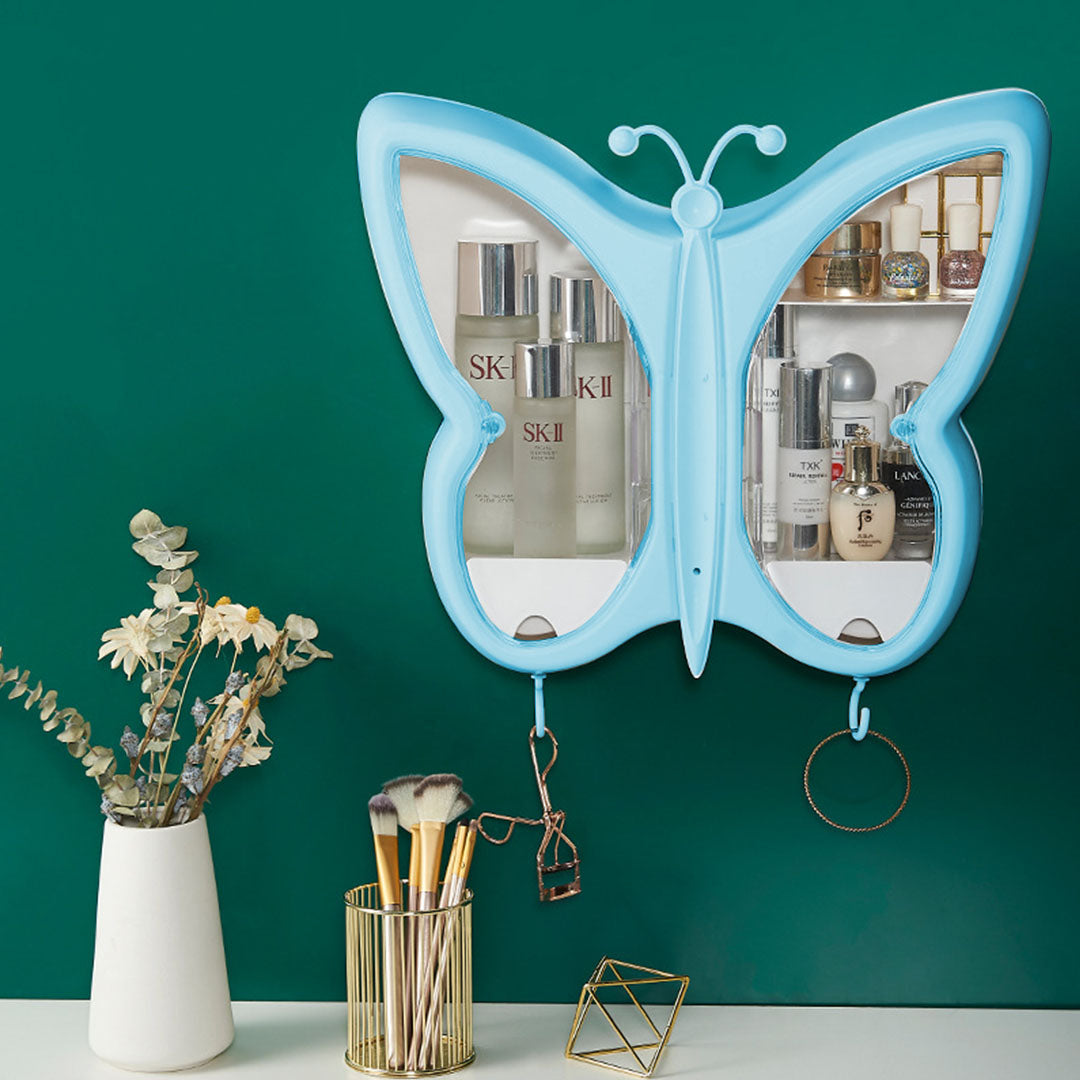 SOGA 2X Blue Butterfly Shape Wall-Mounted Makeup Organiser Dustproof Waterproof Bathroom Storage Box Home Decor • LUZ-BathG314X2