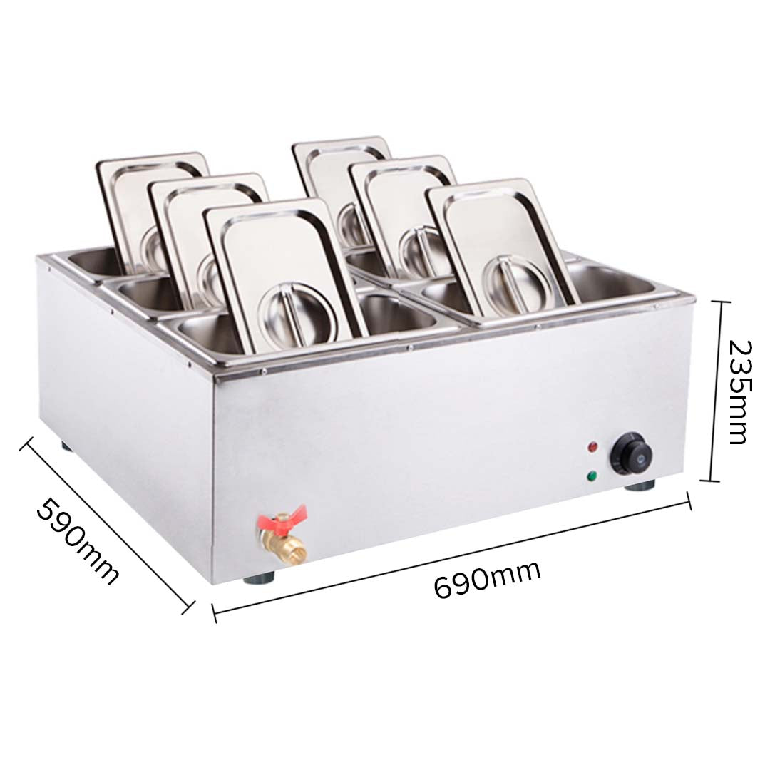 SOGA Stainless Steel 6 X 1/3 GN Pan Electric Bain-Marie Food Warmer with Lid • LUZ-FoodWarmer743