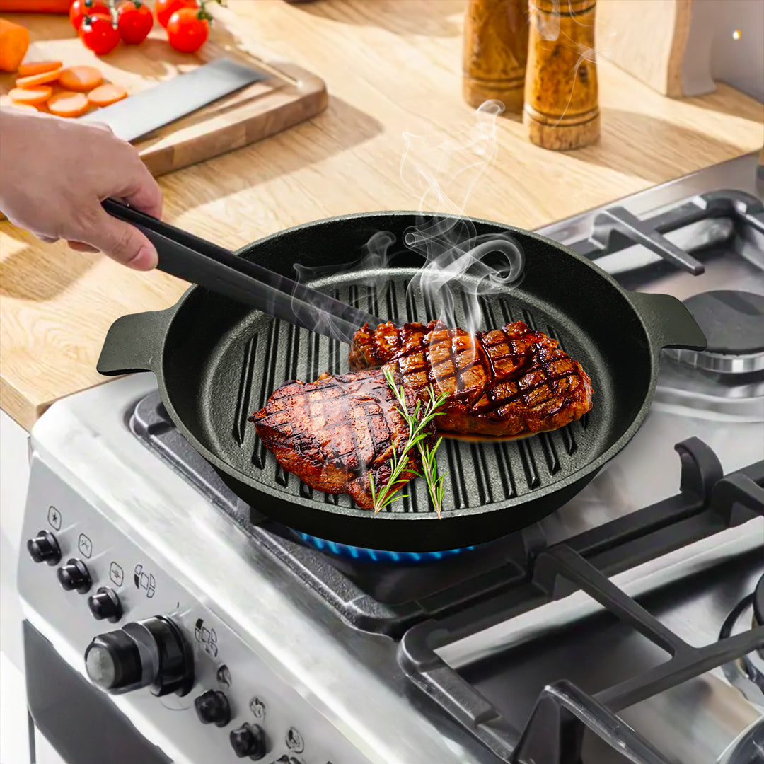 SOGA 2X 25cm Round Ribbed Cast Iron Frying Pan Skillet Steak Sizzle Platter with Handle • LUZ-ZPai001AX2