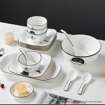 SOGA White Antler Printed Ceramic Dinnerware Set Crockery Soup Bowl Plate Server Kitchen Home Decor Set of 13 • LUZ-BowlG771