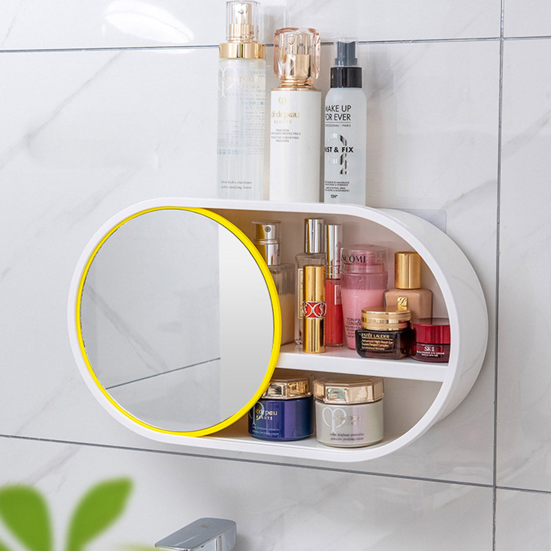 SOGA 39cm Oval Wall-Mounted Mirror Storage Box Vanity Mirror Rack Bathroom Adhesive Shelf Home Organiser Decor LUZ-BathG323