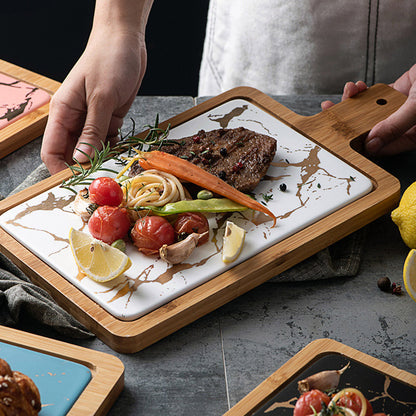 SOGA 2X 33.5cm White Square Wooden Serving Tray Slate Steak Serving Platter Chopping Board Paddle Home Decor • LUZ-WodE596X2