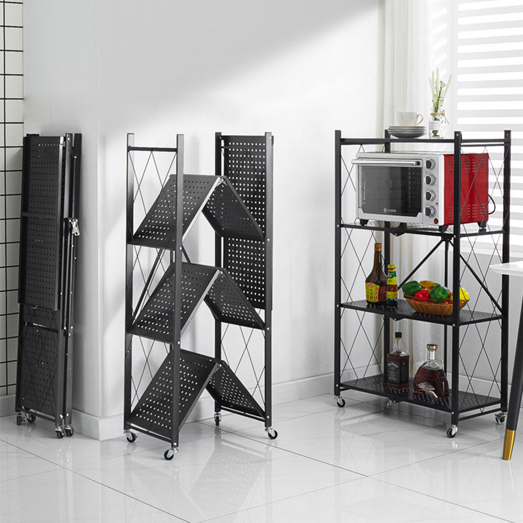 SOGA 4 Tier Steel Black Foldable Kitchen Cart Multi-Functional Shelves Portable Storage Organizer with Wheels • LUZ-KitchenXY002