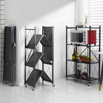 SOGA 4 Tier Steel Black Foldable Kitchen Cart Multi-Functional Shelves Portable Storage Organizer with Wheels • LUZ-KitchenXY002