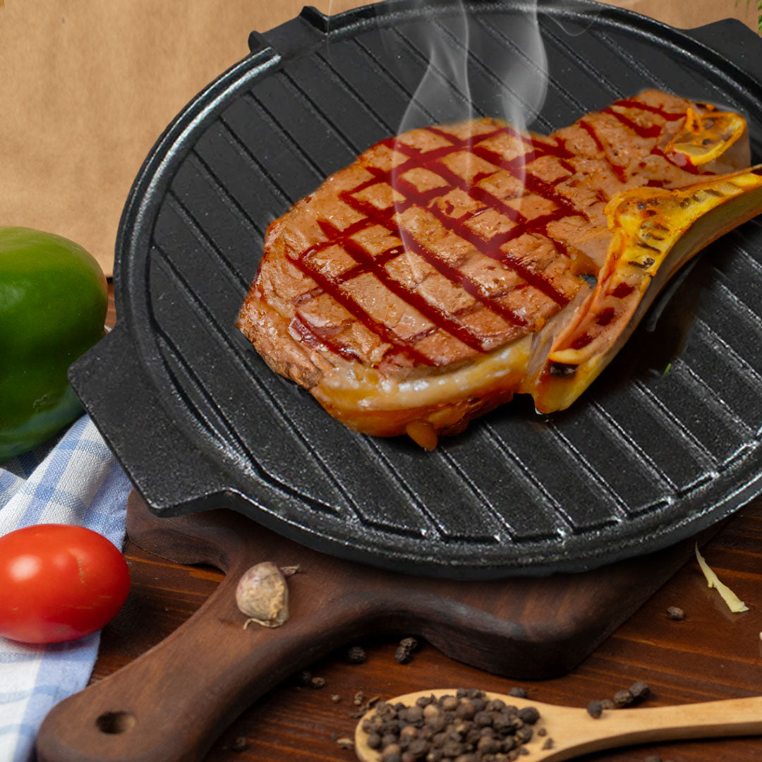 SOGA 30CM Round Cast Iron Korean BBQ Grill Plate with Handles and Drip Lip • LUZ-ZPai045