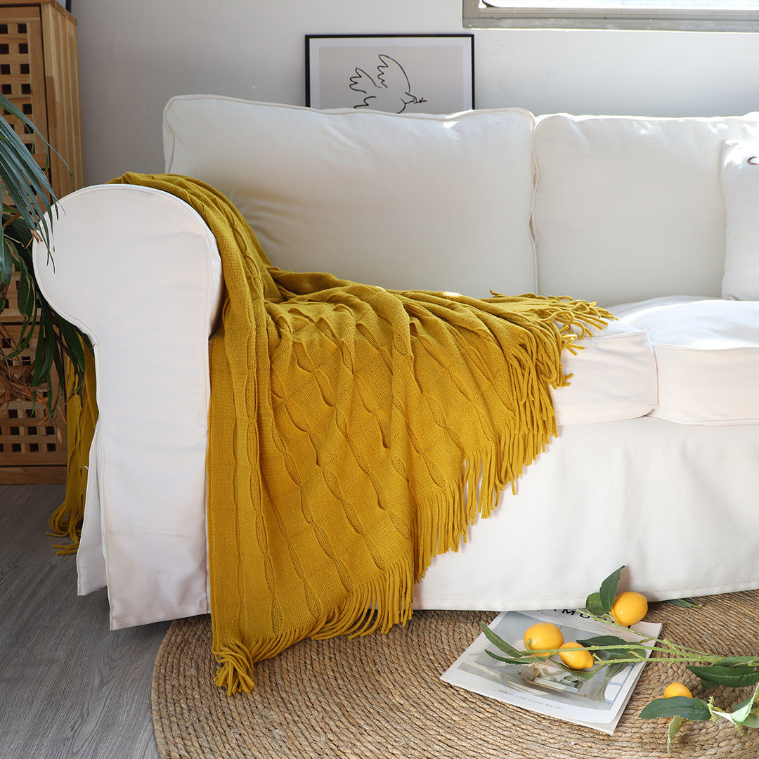 SOGA 2X Mustard Textured Knitted Throw Blanket Warm Cozy Woven Cover Couch Bed Sofa Home Decor with Tassels • LUZ-Blanket925X2
