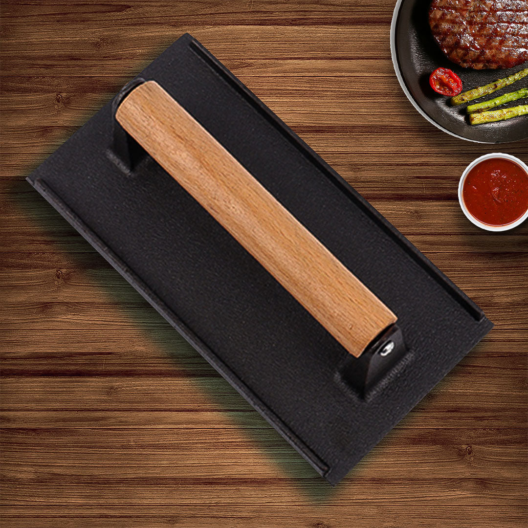 SOGA Cast Iron Bacon Meat Steak Press Grill BBQ with Wood Handle Weight Plate • LUZ-ZPaiA9