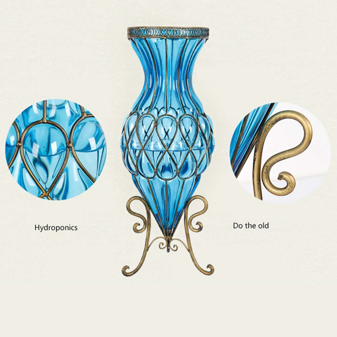SOGA 67cm Blue Glass Tall Floor Vase and 12pcs Pink Artificial Fake Flower Set • LUZ-Vase0053BluewPinkF12