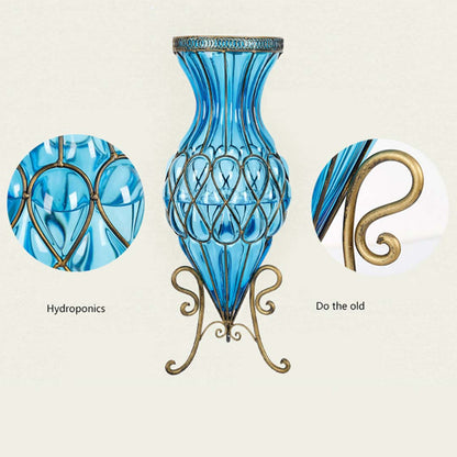 SOGA 67cm Blue Glass Tall Floor Vase and 12pcs Pink Artificial Fake Flower Set • LUZ-Vase0053BluewPinkF12