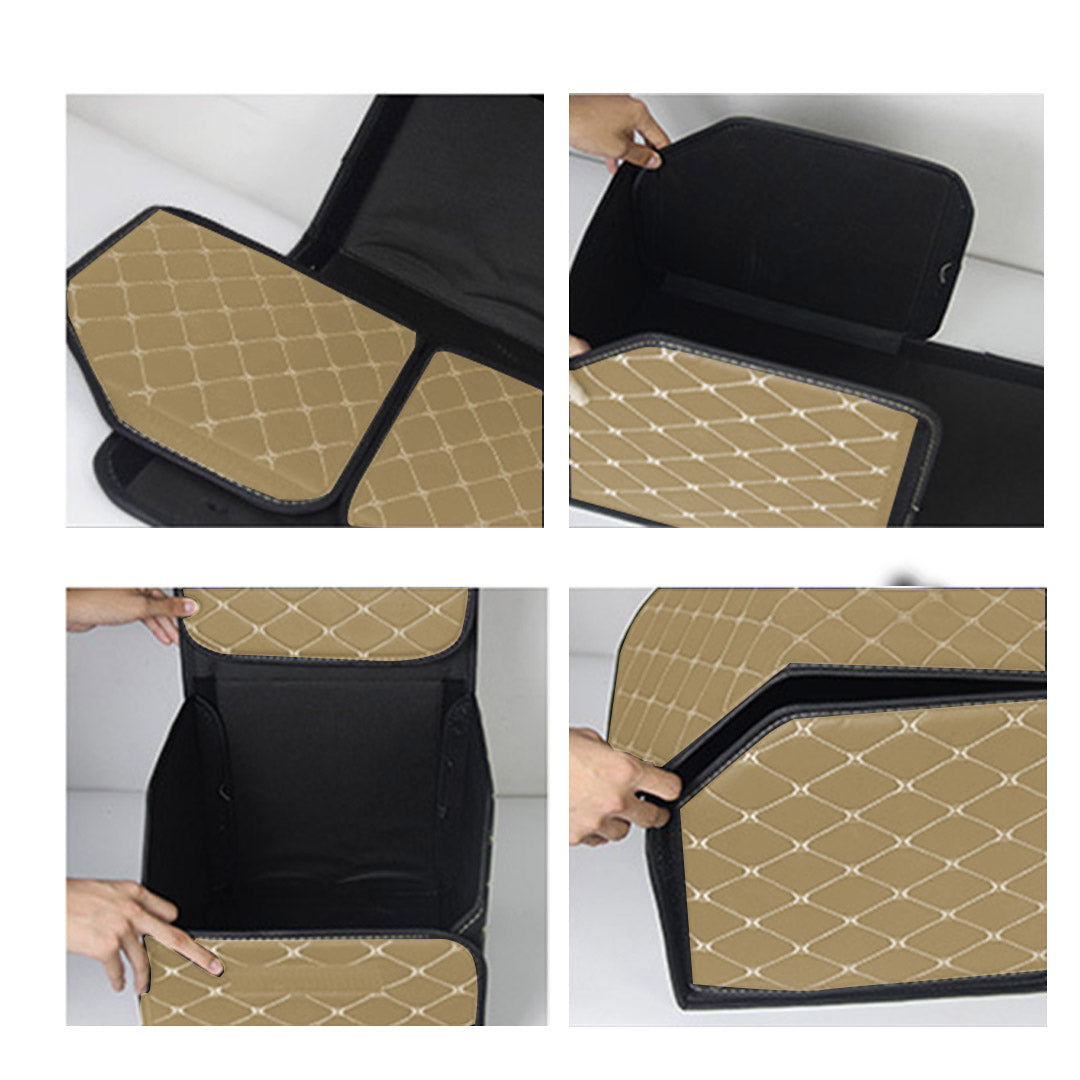 SOGA 4X Leather Car Boot Collapsible Foldable Trunk Cargo Organizer Portable Storage Box Beige/Gold Stitch Small • LUZ-StorageWHTGLDSmlX4