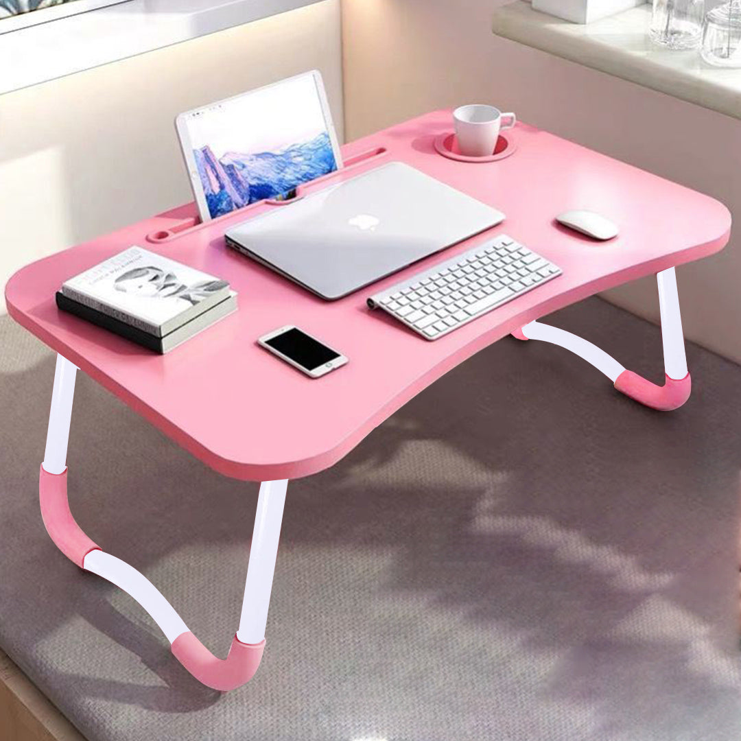 SOGA Pink Portable Bed Table Adjustable Folding Mini Desk Notebook Stand Card Slot Holder with Cup-Holder Home Decor • LUZ-BedTableH302
