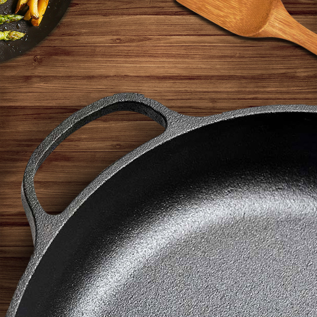 SOGA 2X 29cm Round Cast Iron Frying Pan Skillet Steak Sizzle Platter with Helper Handle • LUZ-ZPaiC5X2