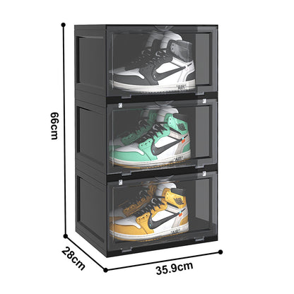 SOGA 2X 3 Tier Black Portable Shoe Organiser Sneaker Footwear Folding Plastic Bin Stackable Storage Box with Magnetic Door • LUZ-ShoeA8003BLKX2
