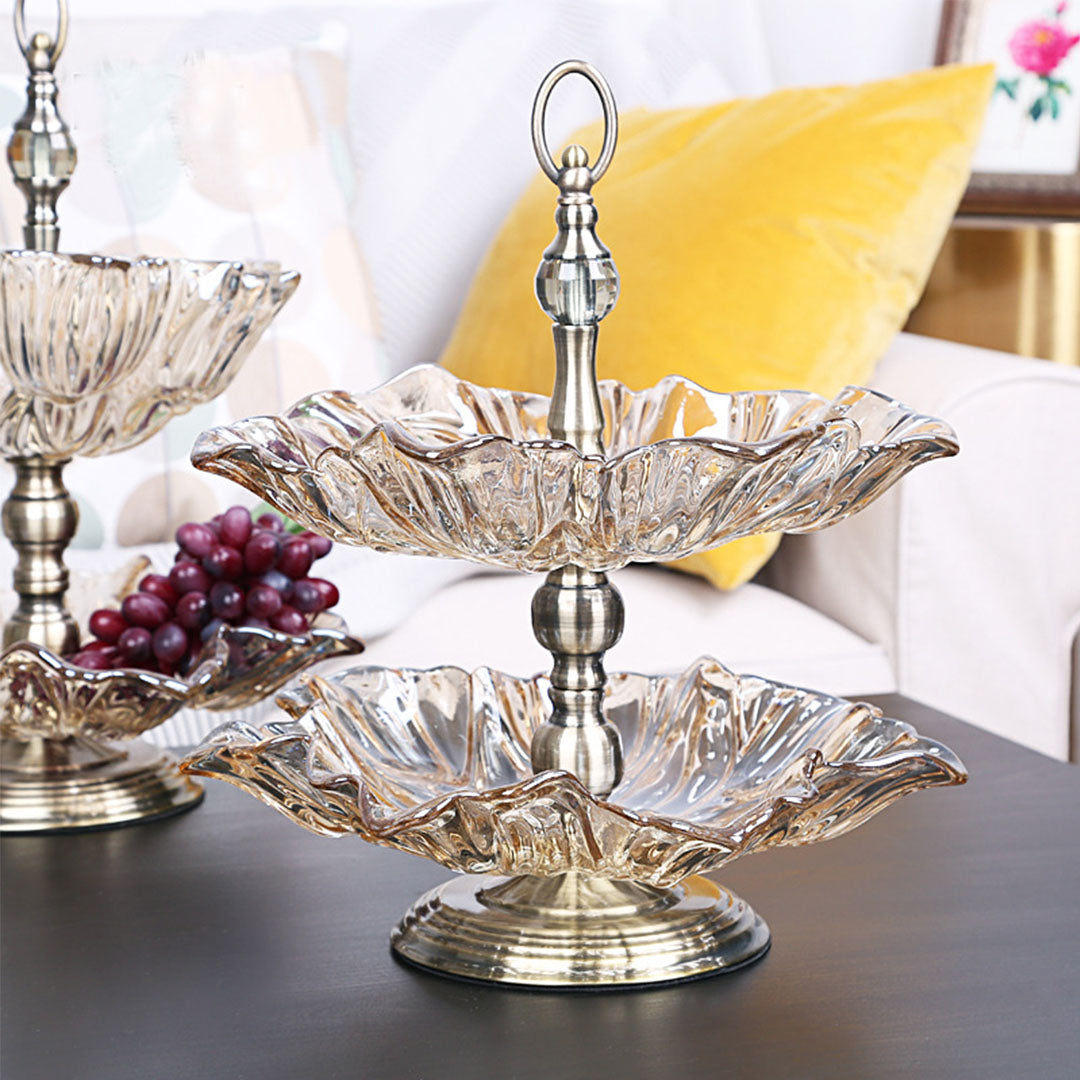 SOGA 2 Tier Bronze Lotus Vertex Crystal Glass Fruit Bowl Candy Holder Countertop Dessert Serving Basket Decor • LUZ-Plate7845