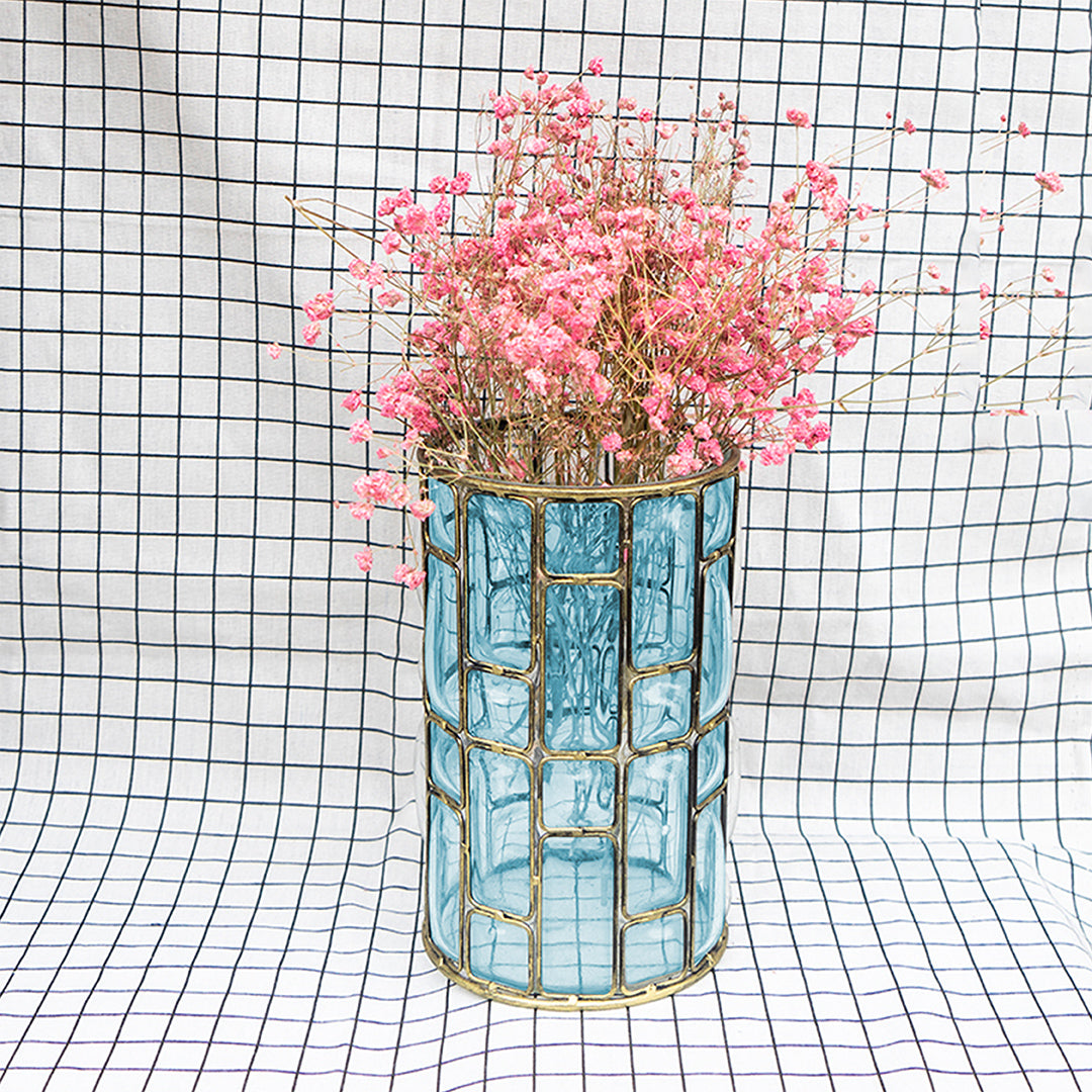 SOGA Blue Colored European Glass Cylinder Flower Vase with Gold Metal Pattern • LUZ-HO-VaseYG3264