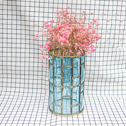 SOGA Blue Colored European Glass Cylinder Flower Vase with Gold Metal Pattern • LUZ-HO-VaseYG3264