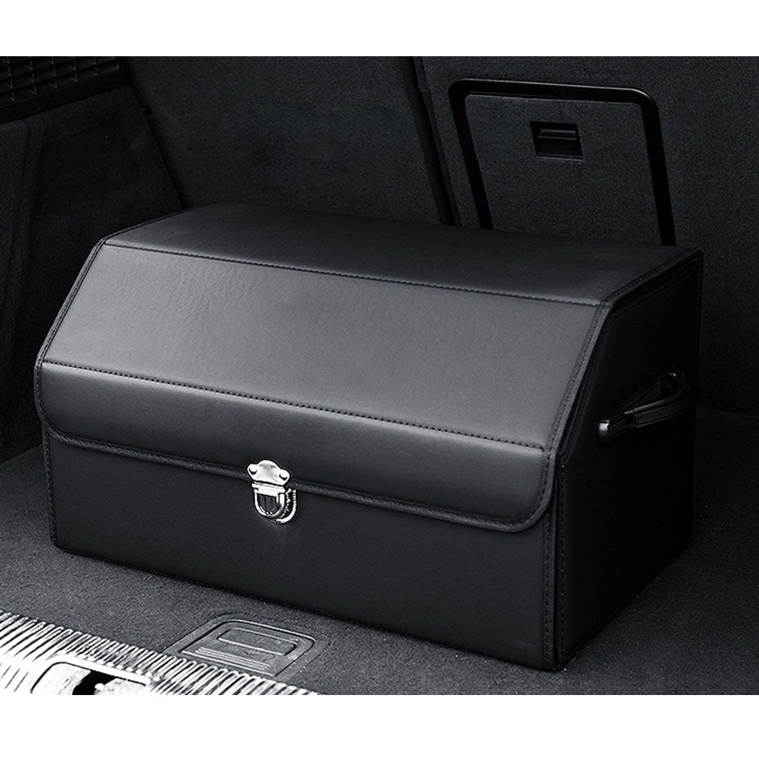 SOGA Leather Car Boot Collapsible Foldable Trunk Cargo Organizer Portable Storage Box With Lock Black Medium • LUZ-StorageBLKV20Med