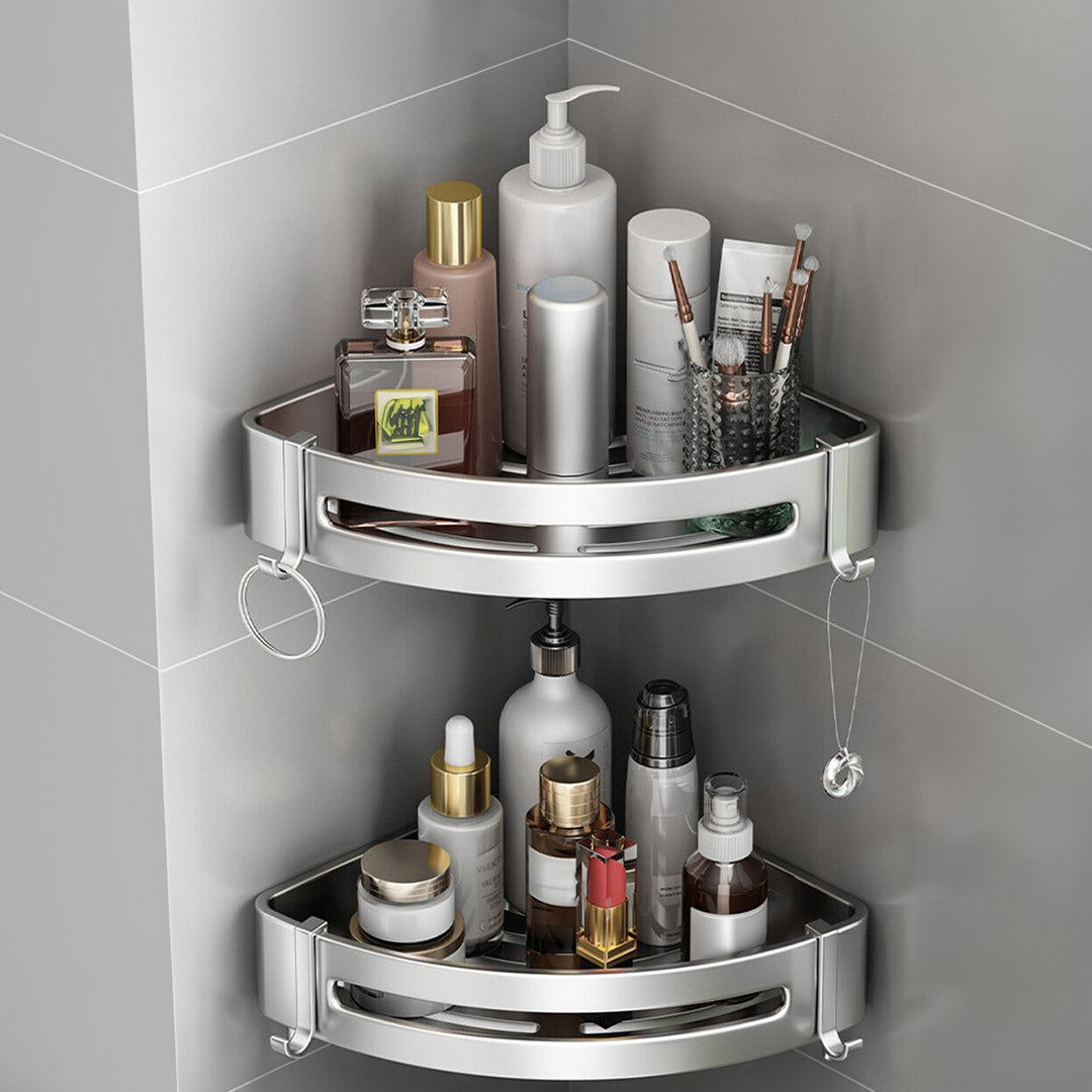 SOGA 2X Silver Wall-Mounted Triangular Bathroom Storage Corner Vanity Organiser Space Saving Adhesive Shelf Rack with Hooks LUZ-TAN1006X2