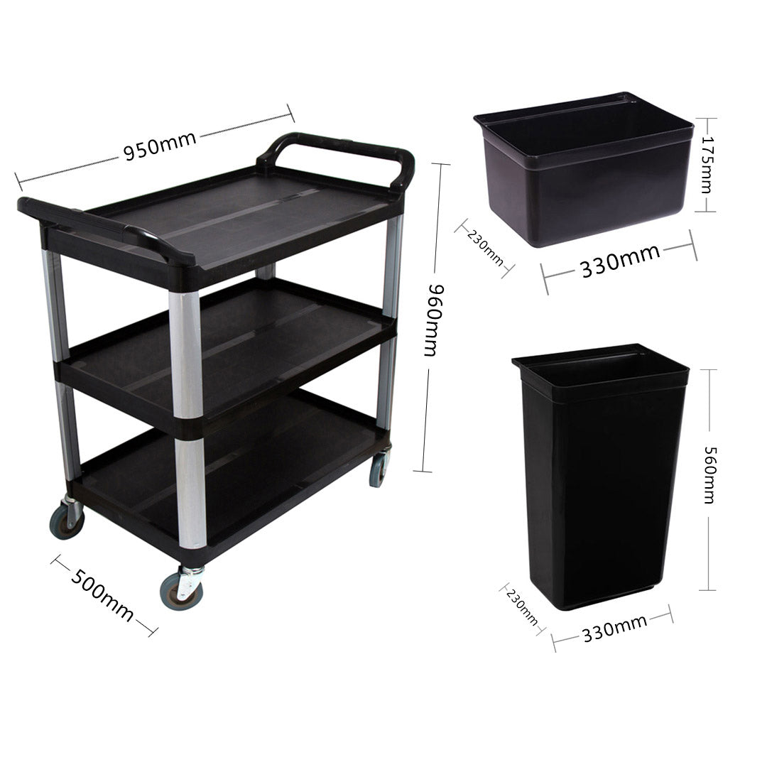 SOGA 3 Tier Food Trolley Food Waste Cart With Two Bins Storage Kitchen Black Large • LUZ-FoodCartRubbishWithWasteBinsL