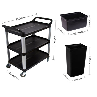 SOGA 3 Tier Food Trolley Food Waste Cart With Two Bins Storage Kitchen Black Large • LUZ-FoodCartRubbishWithWasteBinsL