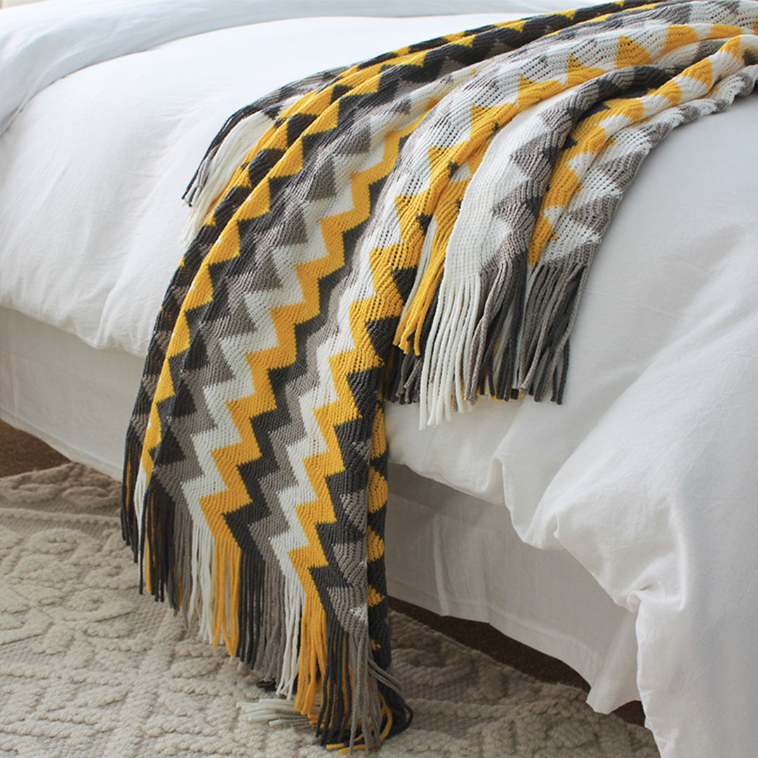 SOGA 2X 170cm Yellow Zigzag Striped Throw Blanket Acrylic Wave Knitted Fringed Woven Cover Couch Bed Sofa Home Decor • LUZ-Blanket917X2