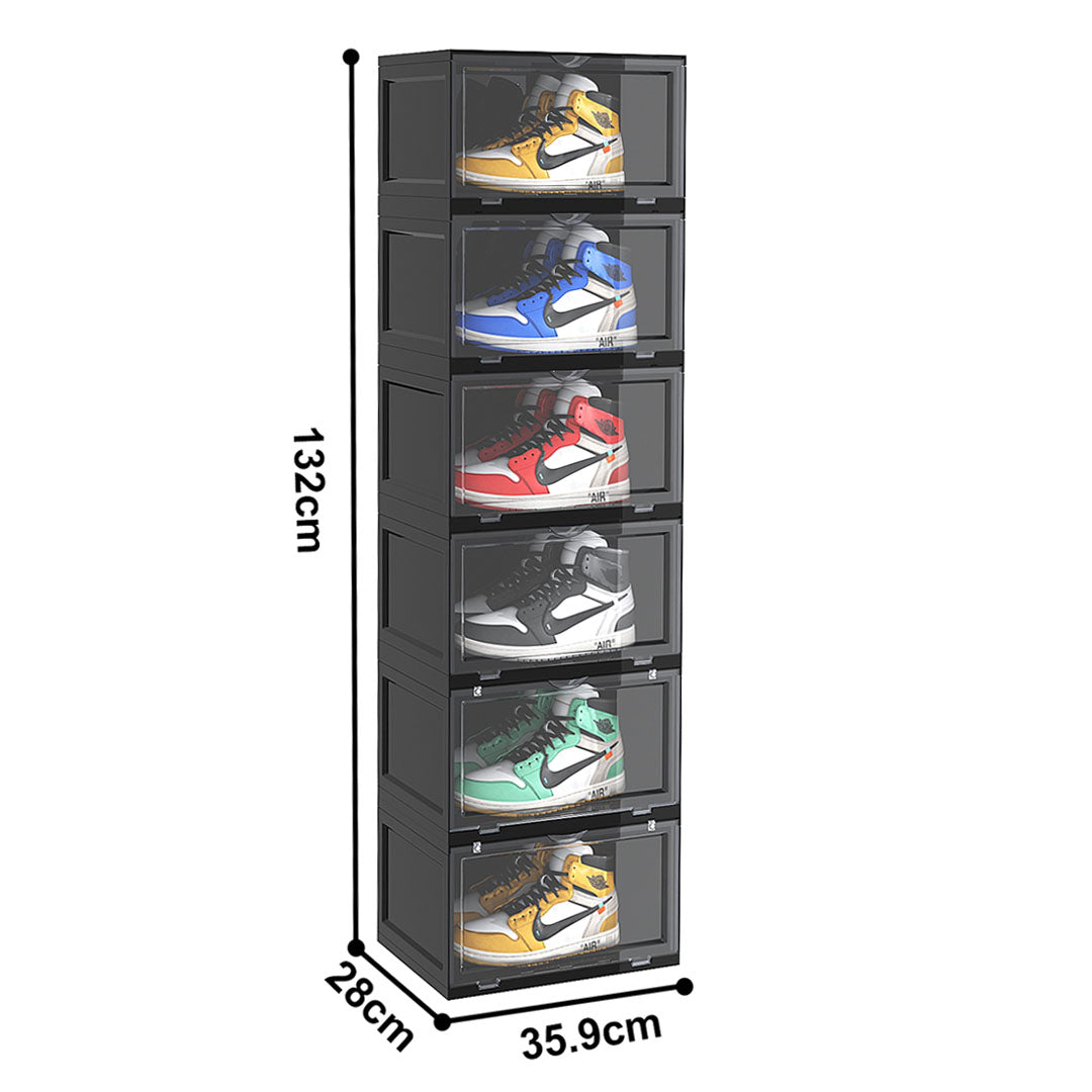 SOGA 6 Tier Black Portable Shoe Organiser Sneaker Footwear Folding Plastic Bin Stackable Storage Box with Magnetic Door • LUZ-ShoeA8006BLK