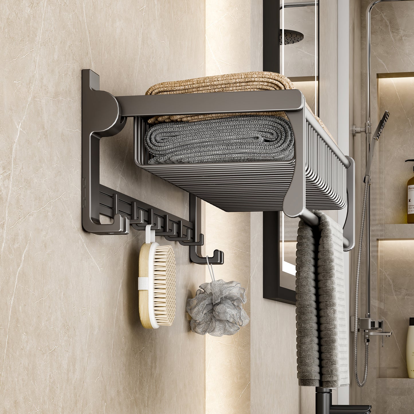 SOGA 50cm Wall-Mounted Double Pole Towel Holder Bathroom Organiser Rail Hanger with Hooks • LUZ-TAN1015