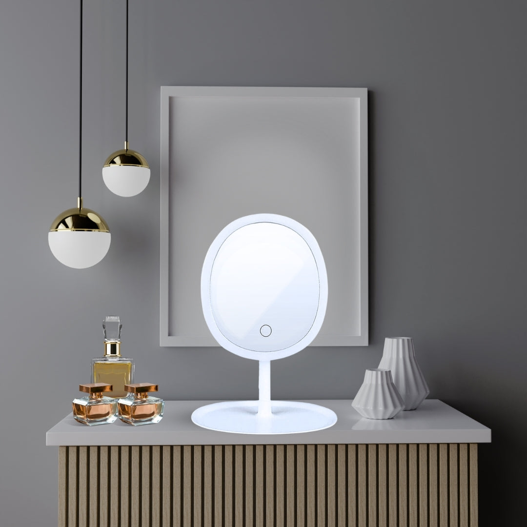 SOGA 2X 26cm White Oval Smart LED Makeup Bedroom Table Vanity Mirror  w/ 5x Magnification LUZ-MirrorE11X2