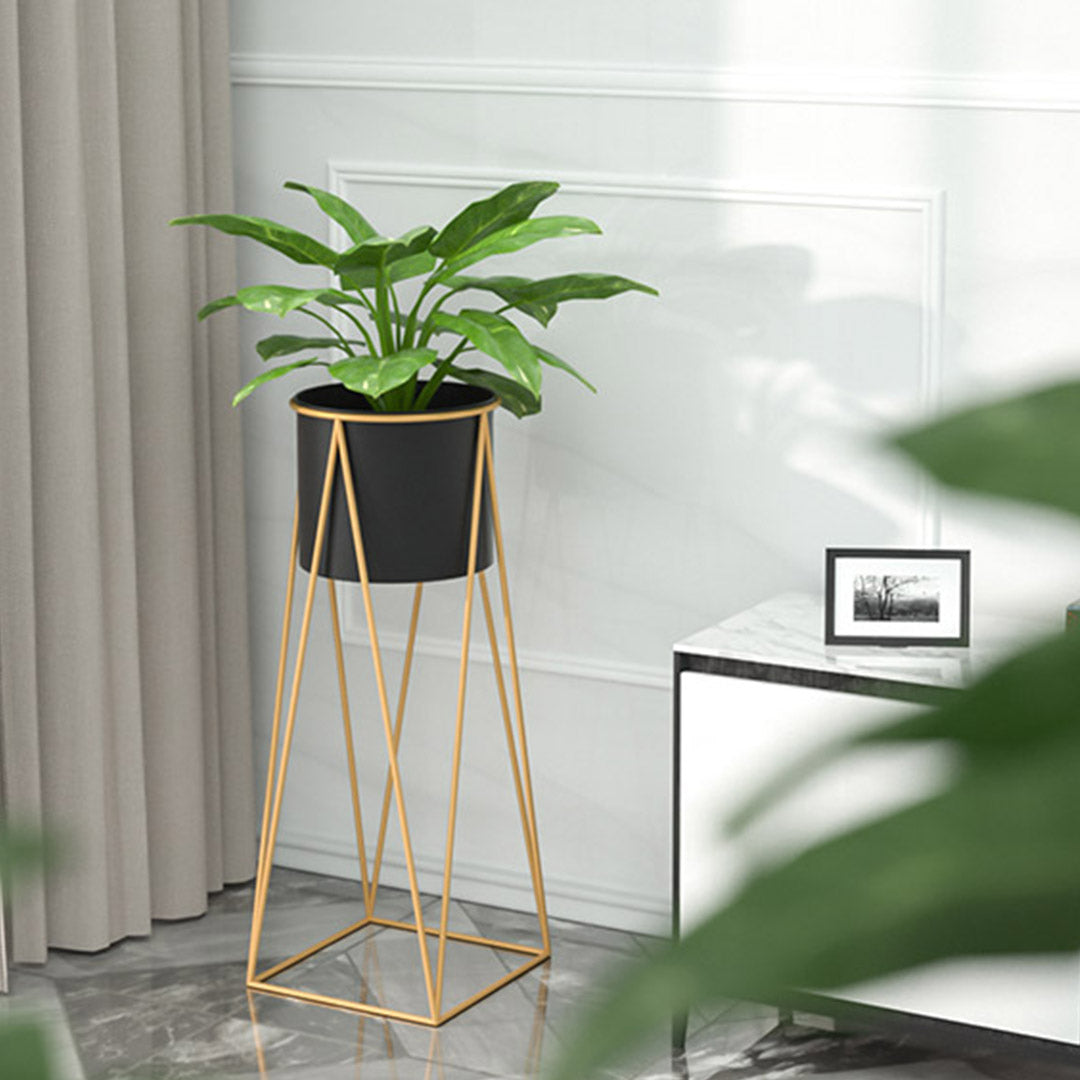 SOGA 50cm Gold Metal Plant Stand with Black Flower Pot Holder Corner Shelving Rack Indoor Display • LUZ-FPotH52BLK
