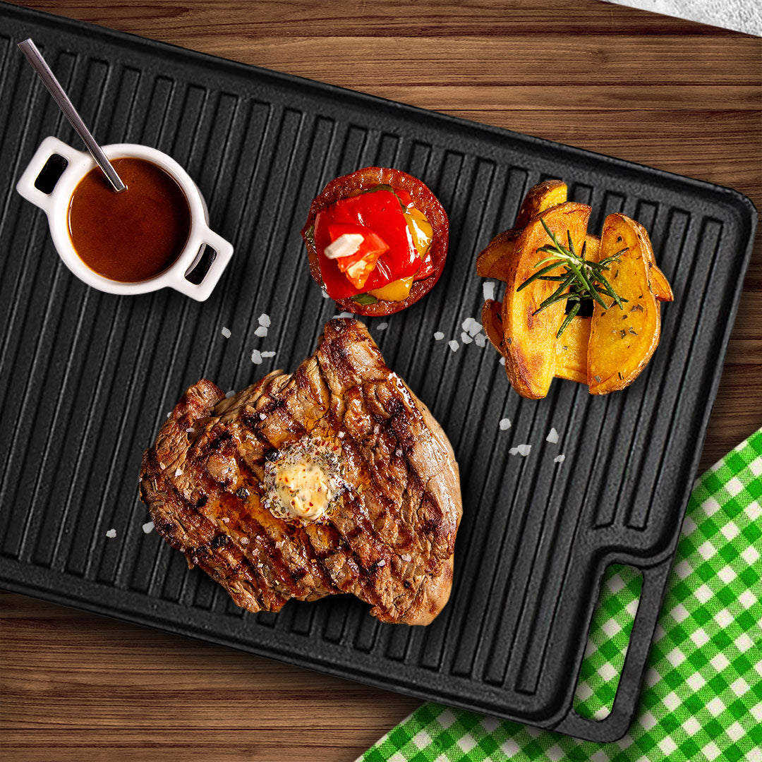 SOGA 2X 45cm Rectangular Cast Iron Portable Fry BBQ Grill Plate Cooking Pan Tray with Handle • LUZ-ZPai039X2