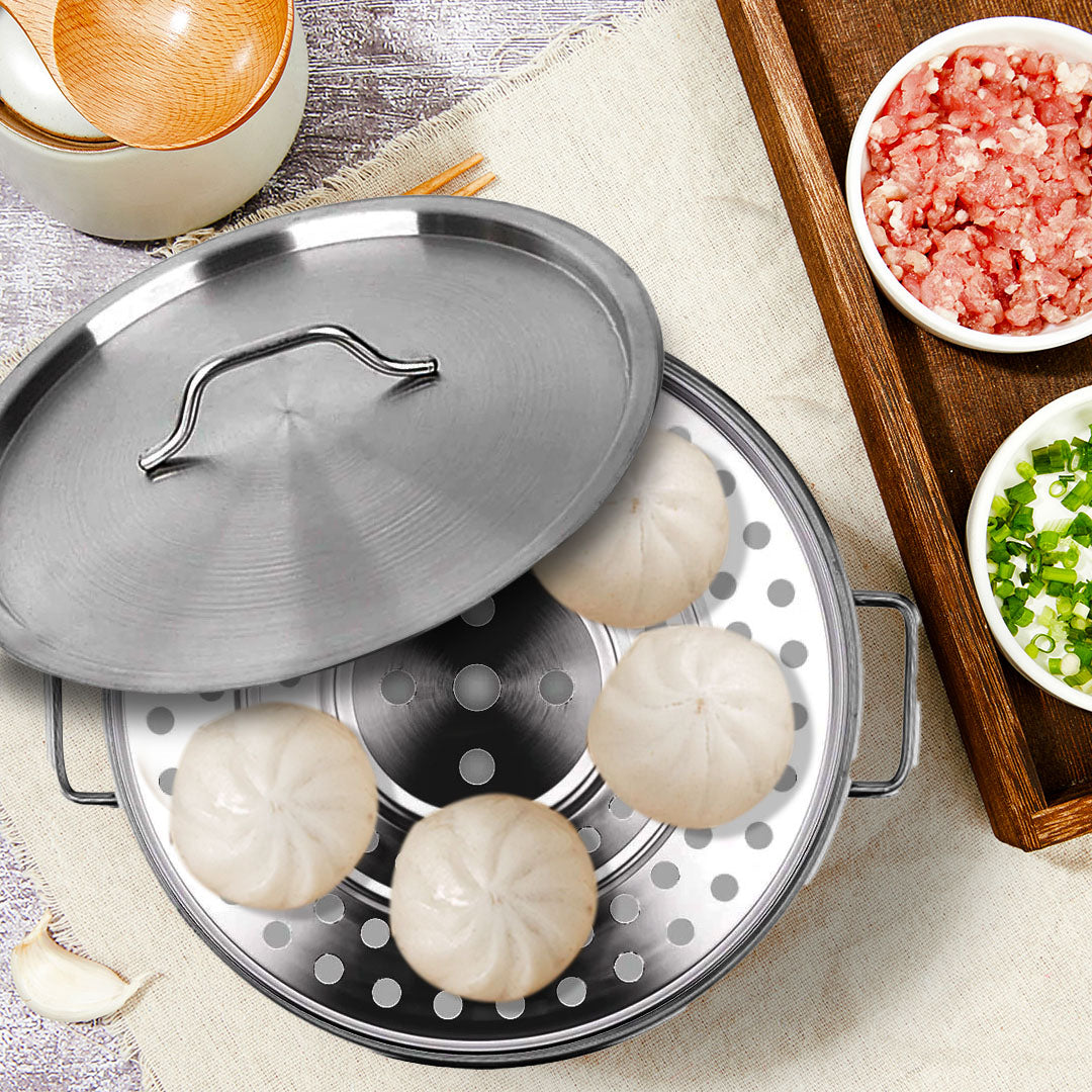 SOGA 21L Stainless Steel Stock Pot with Two Steamer Rack Insert Stockpot Tray • LUZ-StockPot30CM-2XRack28CM