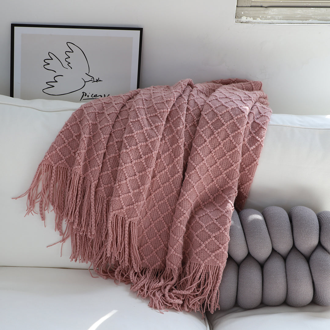 SOGA 2X  Pink Diamond Pattern Knitted Throw Blanket Warm Cozy Woven Cover Couch Bed Sofa Home Decor with Tassels • LUZ-Blanket924X2