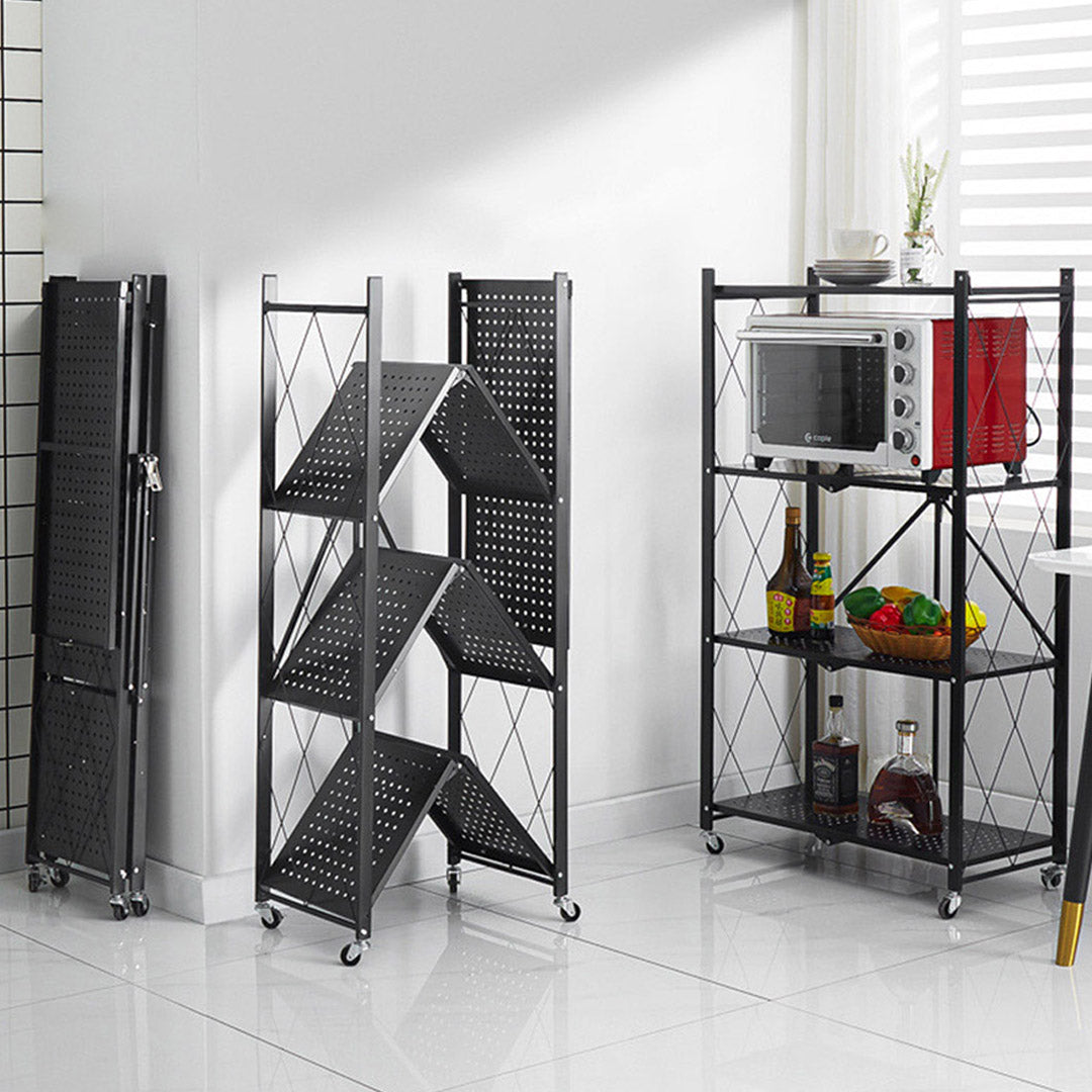 SOGA 2X 4 Tier Steel Black Foldable Kitchen Cart Multi-Functional Shelves Portable Storage Organizer with Wheels • LUZ-KitchenXY002X2