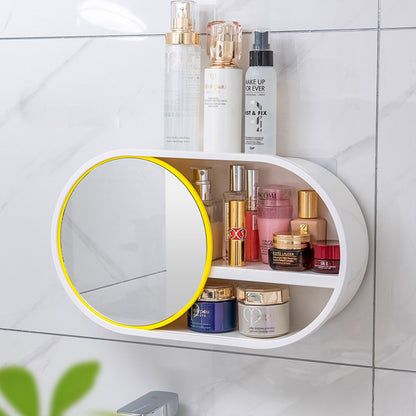 SOGA 39cm Oval Wall-Mounted Mirror Storage Box Vanity Mirror Rack Bathroom Adhesive Shelf Home Organiser Decor • LUZ-BathG323