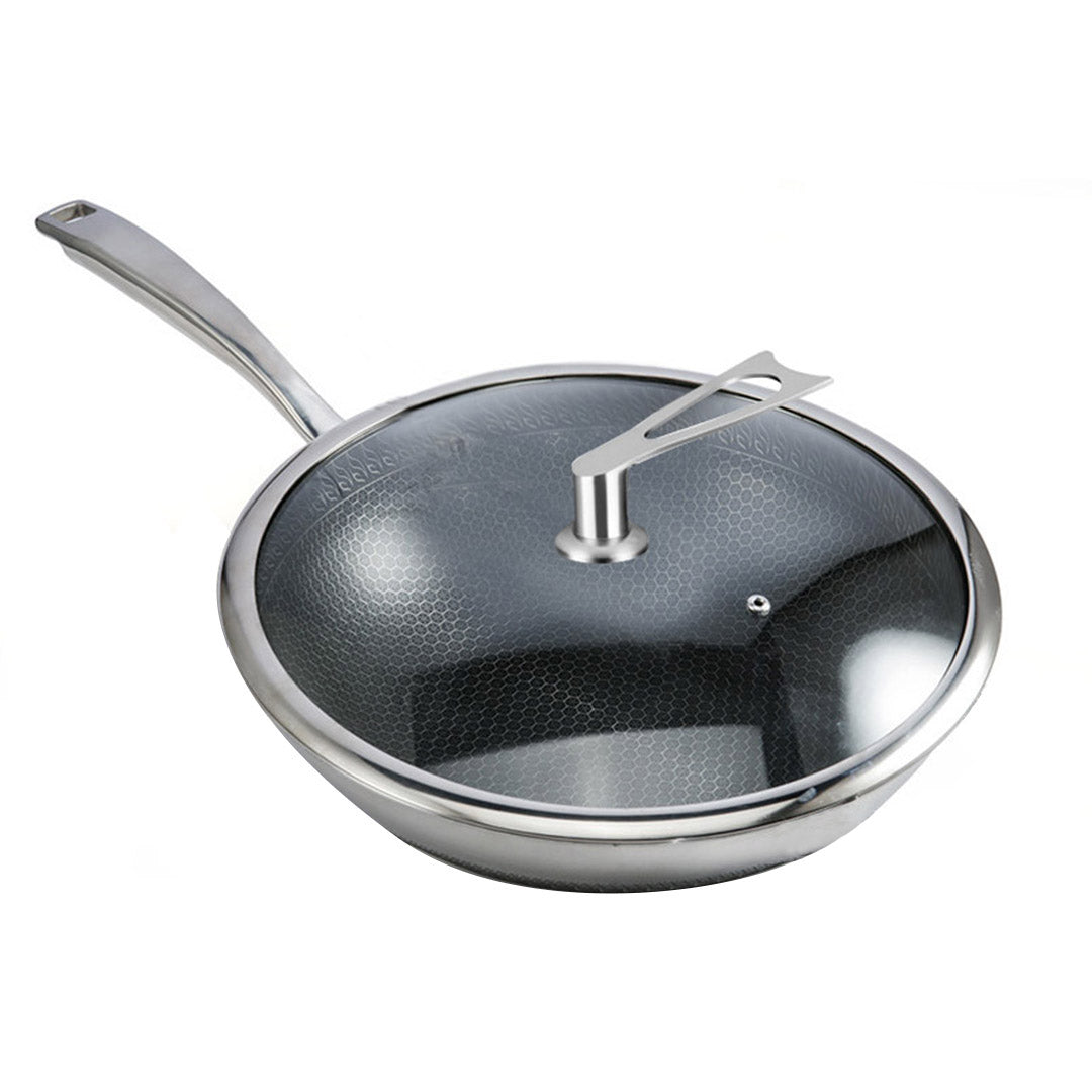 SOGA 2X 32cm Stainless Steel Tri-Ply Frying Cooking Fry Pan Textured Non Stick Interior Skillet with Glass Lid • LUZ-FryPanTRIFPYZ32X2