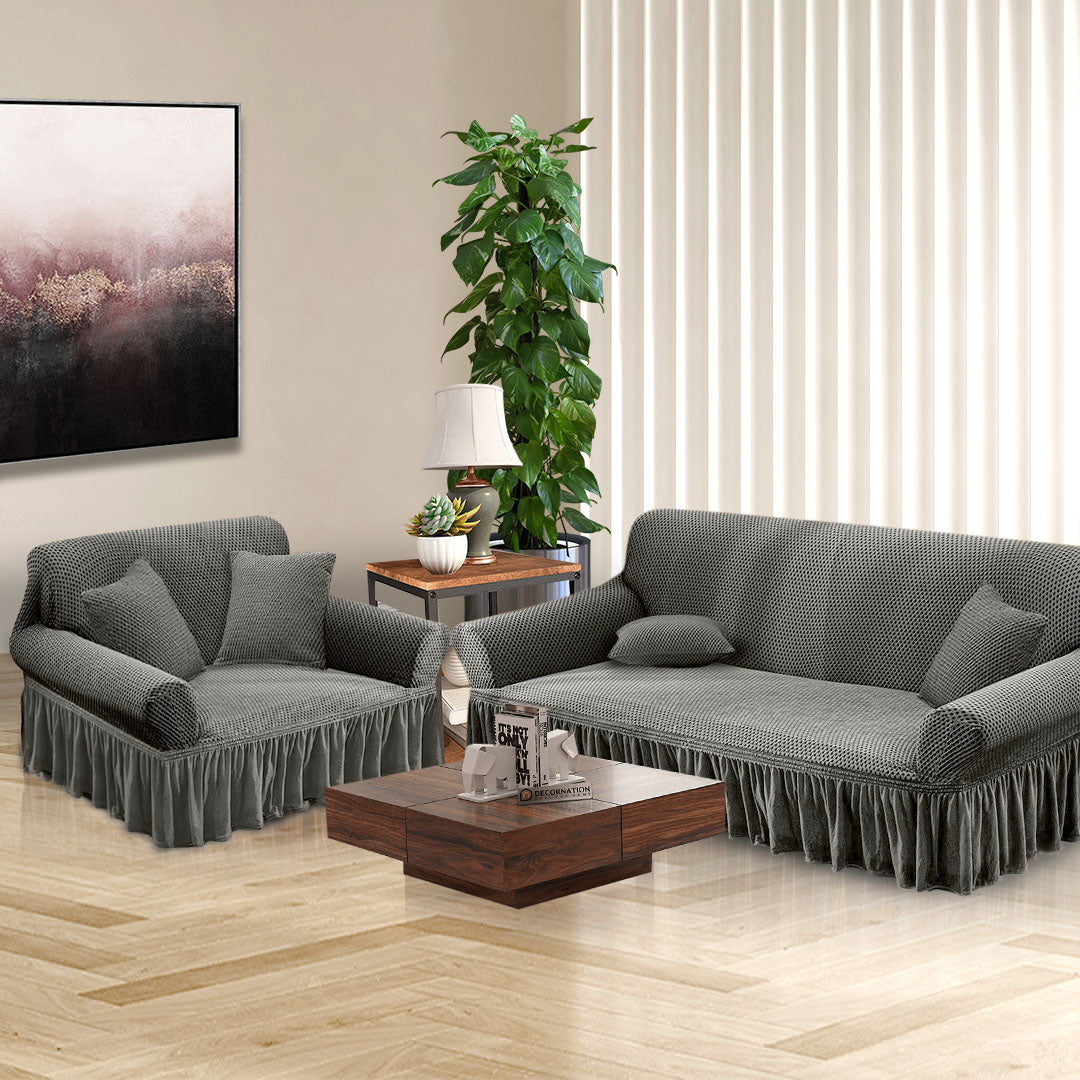 SOGA 2-Seater Grey Sofa Cover with Ruffled Skirt Couch Protector High Stretch Lounge Slipcover Home Decor • LUZ-SofaCov6