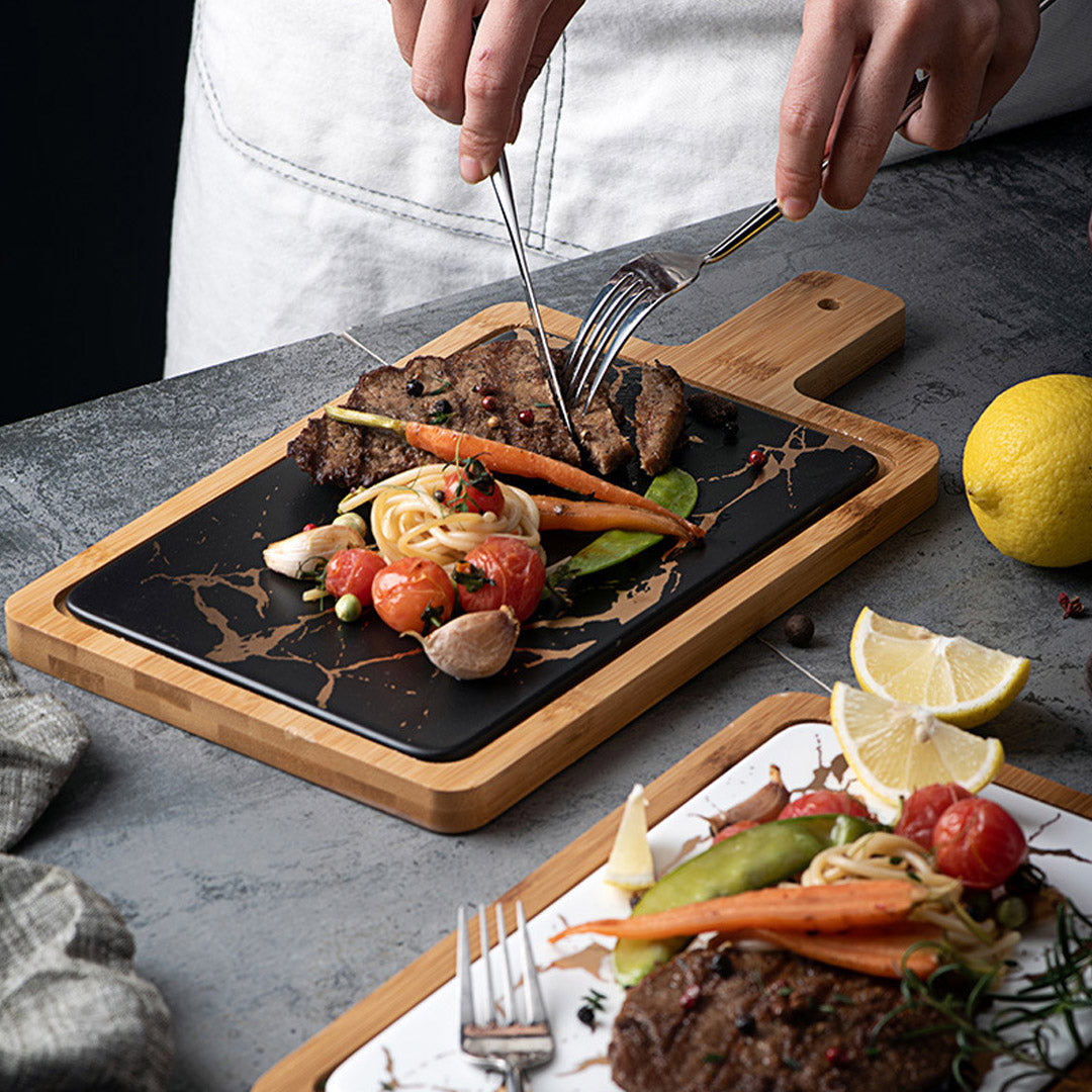 SOGA 33.5cm Black Square Wooden Serving Tray Slate Steak Serving Platter Chopping Board Paddle Home Decor • LUZ-WodE594