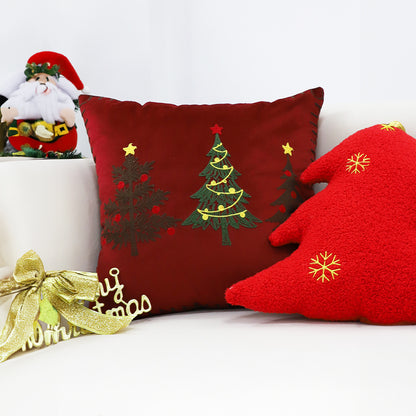 SOGA 45cm Burgundy Red Throw Pillow with Three Embroidered Christmas Trees Festive Holiday Square Cushion Home Decor • LUZ-FrenchCushion272