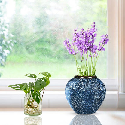 SOGA 21x22cm Blue with White Mini Floral Small Ceramic Flower Vase Elegant Living Room Home Decor • LUZ-Vase822