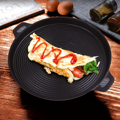 SOGA 2X 35cm Round Ribbed Cast Iron Frying Pan Skillet Steak Sizzle Platter with Handle • LUZ-ZPai004X2