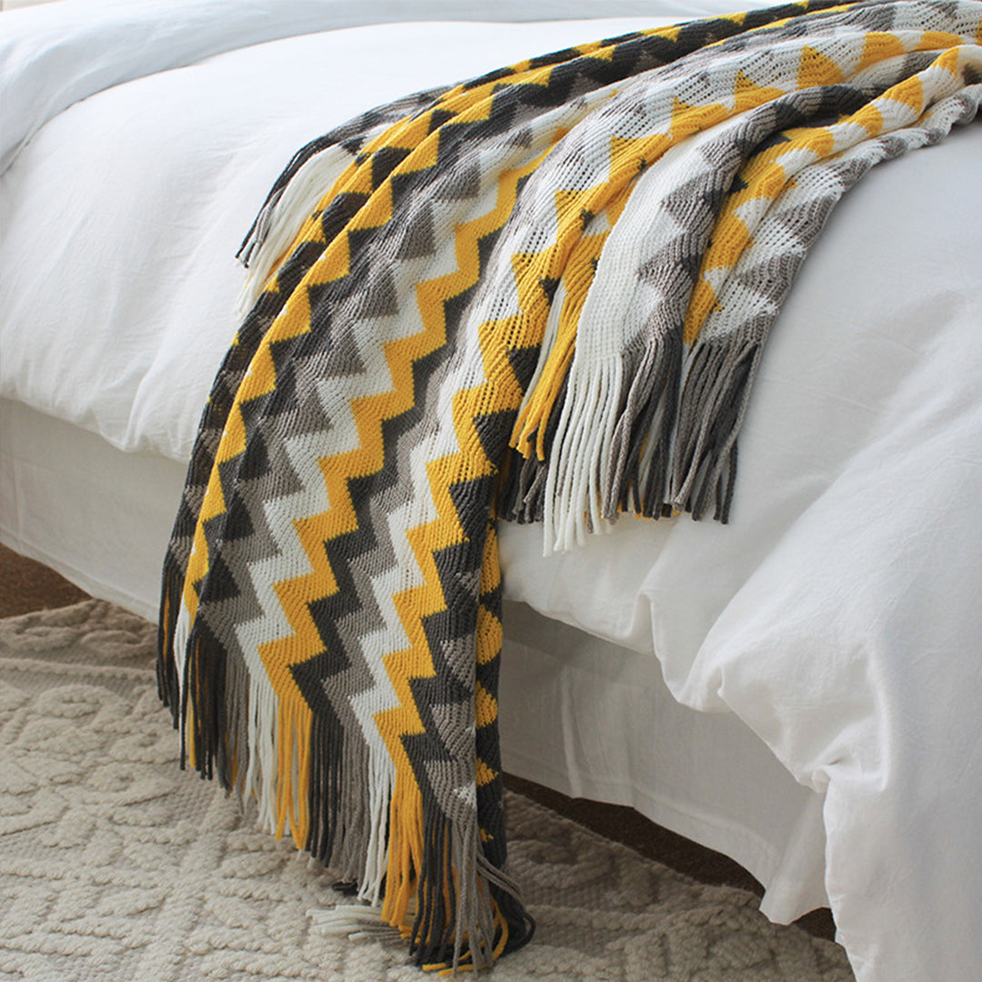 SOGA 2X 220cm Yellow Zigzag Striped Throw Blanket Acrylic Wave Knitted Fringed Woven Cover Couch Bed Sofa Home Decor LUZ-Blanket918X2