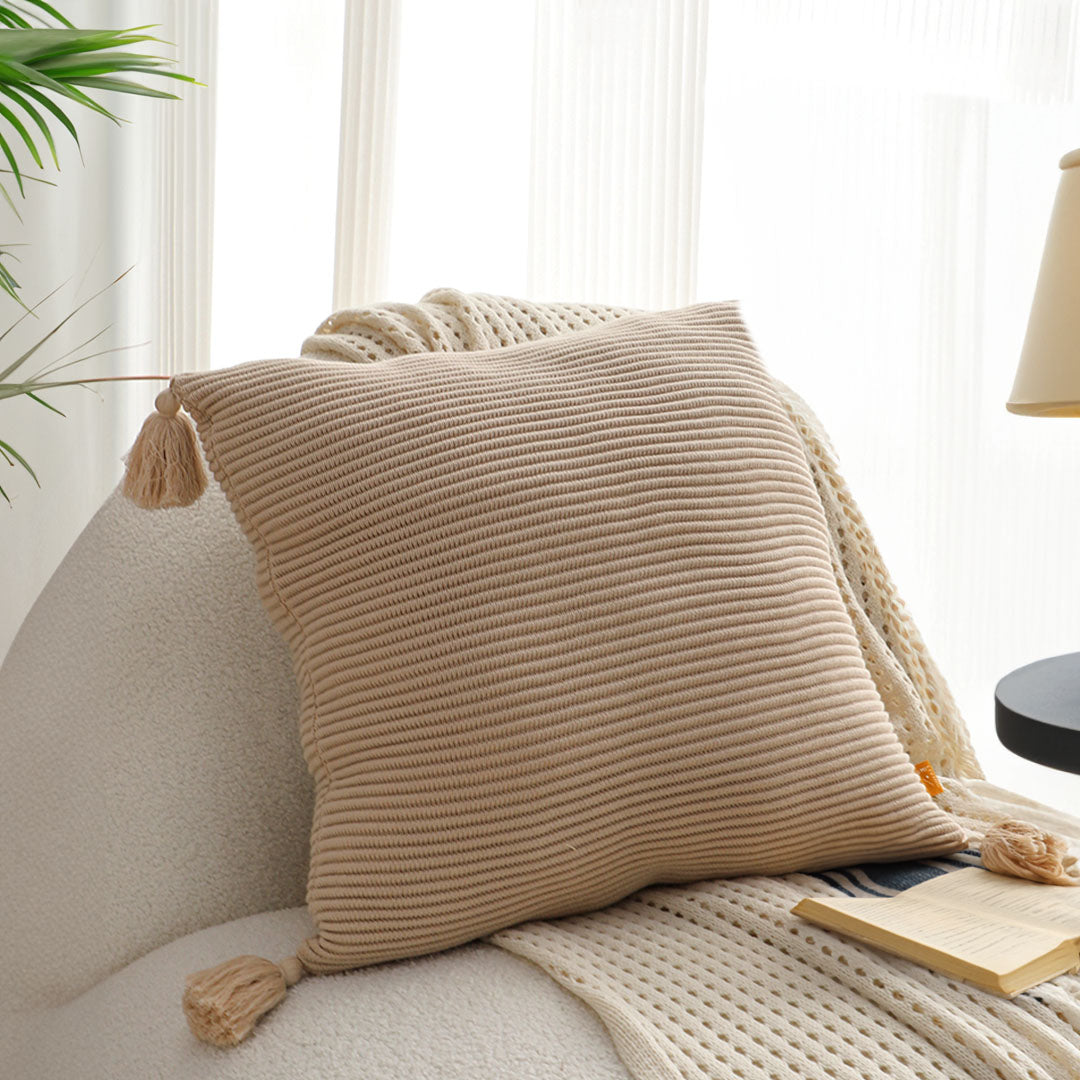 SOGA 45cm Off-White Wabi-Sabi Raised Pillow Cotton Striped Large Tassel Square Throw Pillow • LUZ-FrenchCushion263